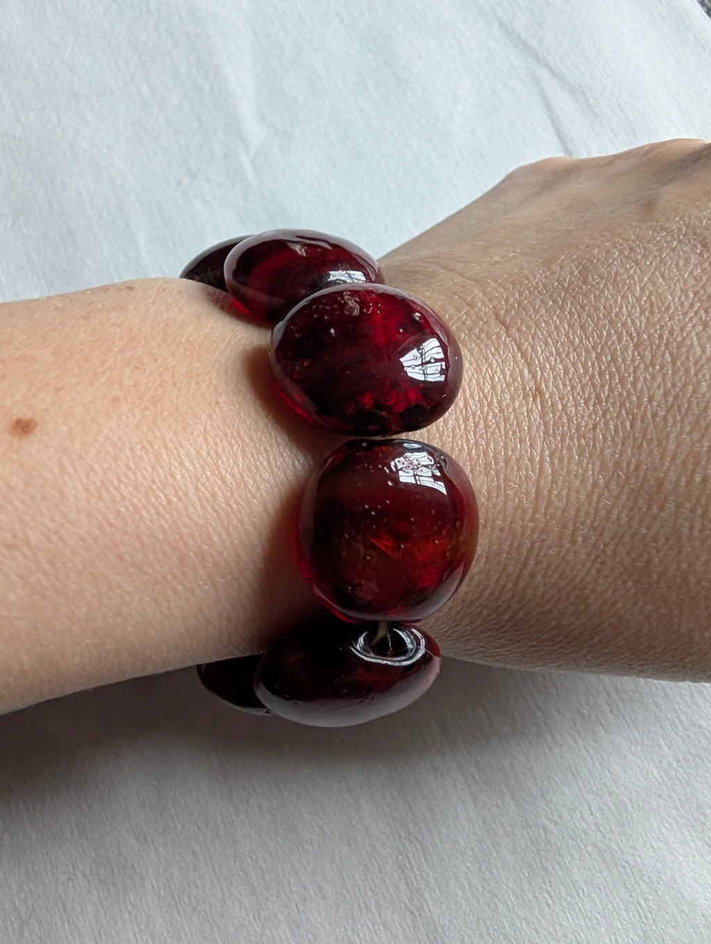 Vintage Cherry Glass Chunky Nugget Pebble Bead Stretch Bracelet, Deep Cherry Red Translucent Statement Bangle, Gift for Her