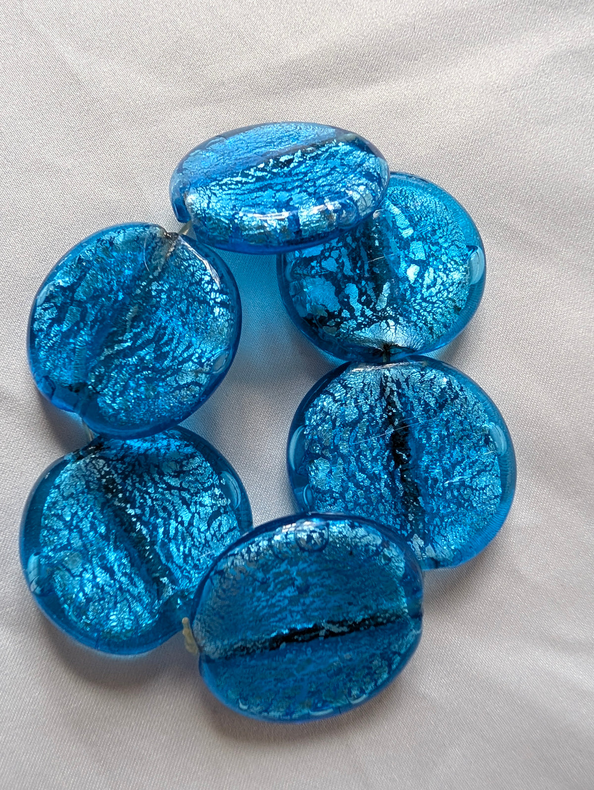 Vintage Murano Style Art Glass Foil Bead Stretch Bracelet, Cobalt Aqua Blue Glass Disc Bracelet, Chunky Statement Jewellery