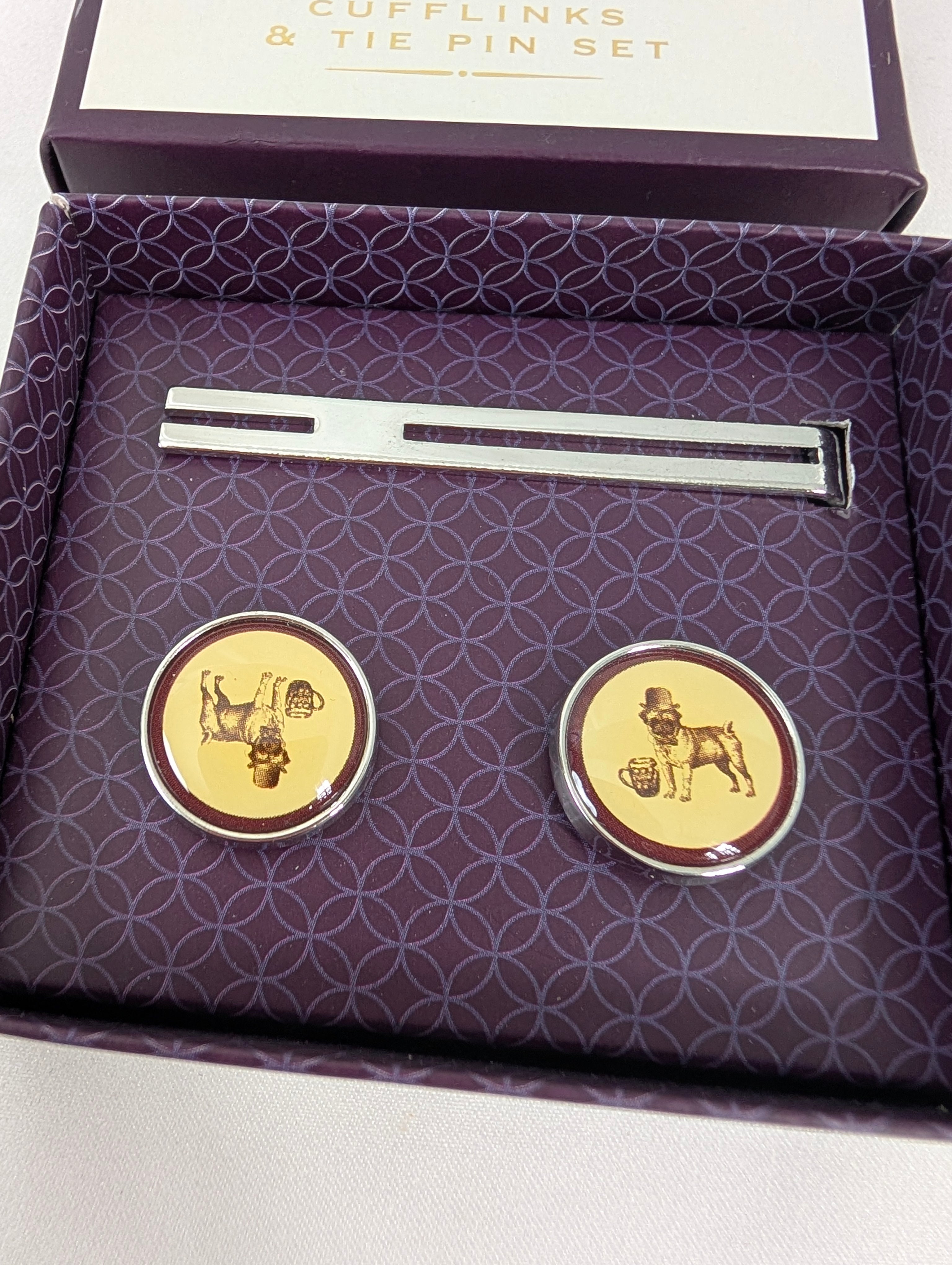 Vintage Style Bulldog Cufflinks and Tie Clip Set, Novelty Mens Dog Cufflinks Tie Bar Gift Boxed, Silver Tone Groom Groomsmen Wedding