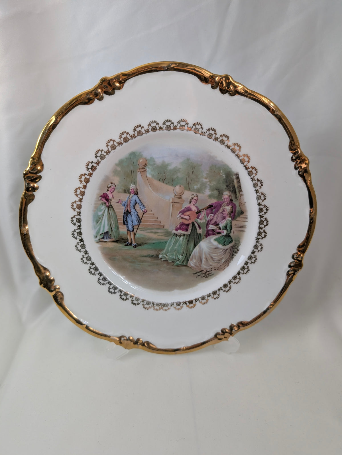 Pair Vintage Regency Bone China Courting Couple Plates Fragonard Rococo Gold Gilt Pierced Rim Cabinet Display Plates, Gilded French