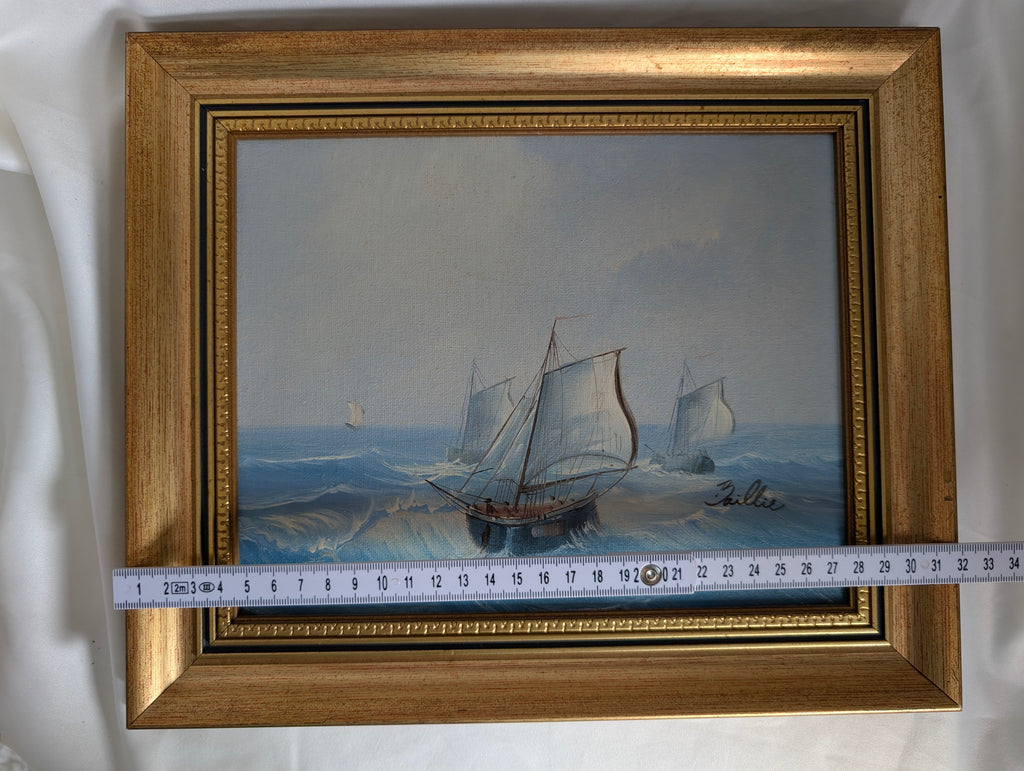 Vintage Framed Maritime Seascape Oil Painting Signed Baillie | Nautical Sailing Ship Ocean Canvas Board Art | Gilded Gold Frame Coastal Wall