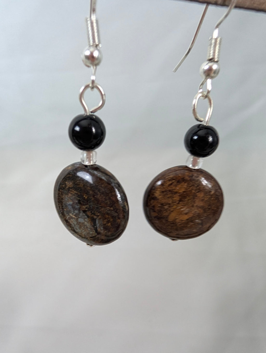 Bronzite and Black Onyx Earrings, Handmade Gemstone Drop Earrings, Natural Earthy Brown Stone Dangle Earrings, Bohemian Gift for Her