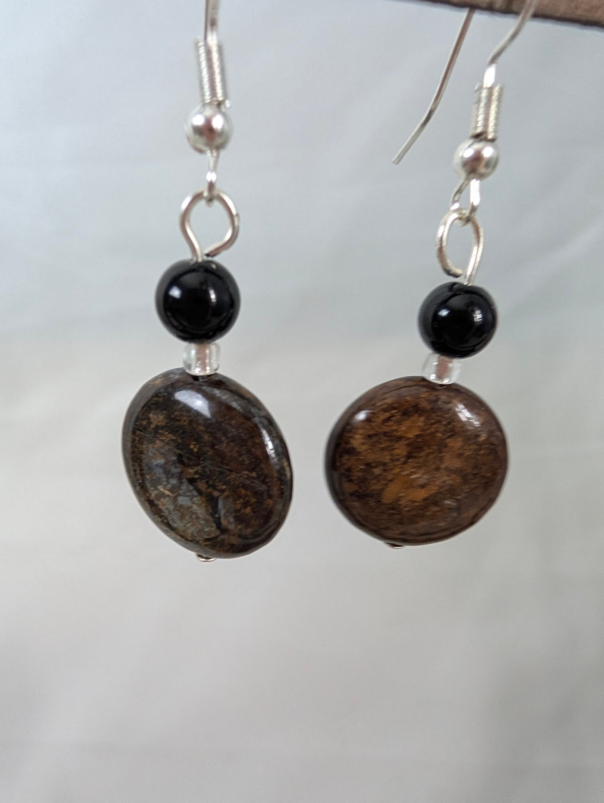 Bronzite and Black Onyx Earrings, Handmade Gemstone Drop Earrings, Natural Earthy Brown Stone Dangle Earrings, Bohemian Gift for Her