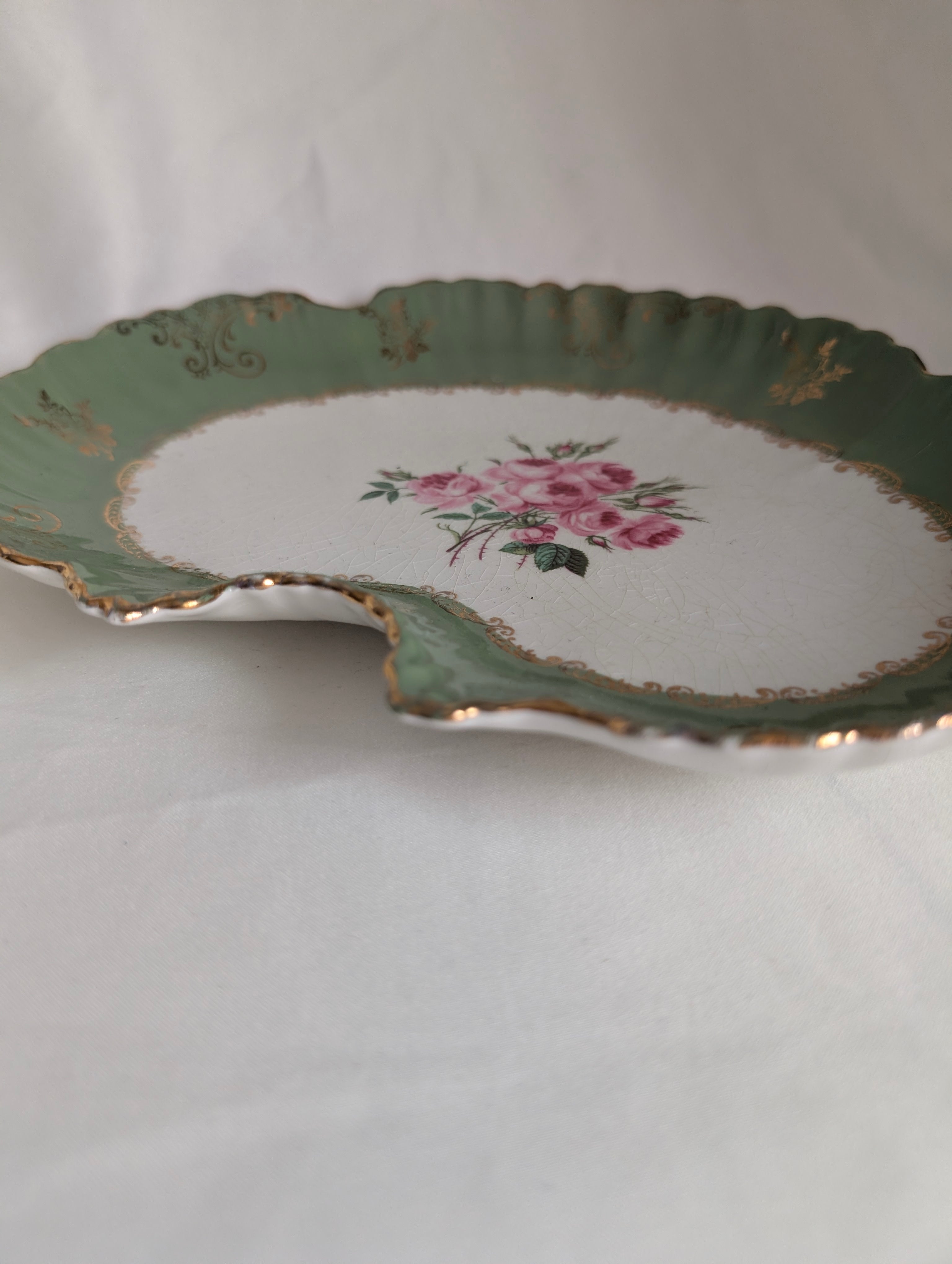 Vintage Old Foley James Kent Bone Dish, Kidney Shaped Sage Green Floral Tray, Pink Rose Gold Gilt Staffordshire Porcelain, Vanity Trinket