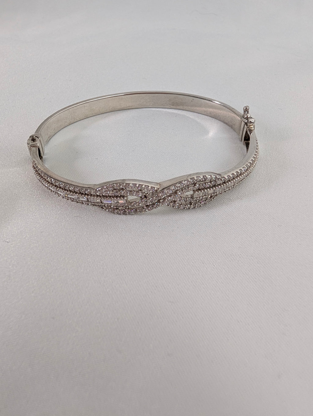 Vintage 925 Sterling Silver Bangle Bracelet, Sparkling Pave CZ Crossover Hinged Bangle, Bridal Evening Cuff,