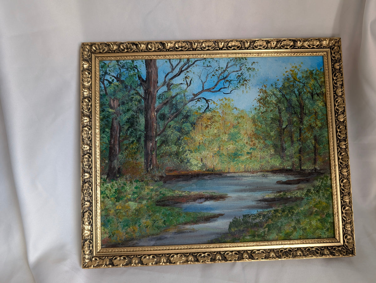 Vintage Framed Woodland River Landscape Oil Painting, Ornate Gilt Gilded Frame, Original Impasto Forest Wall Art, Cottagecore Decor 1970s
