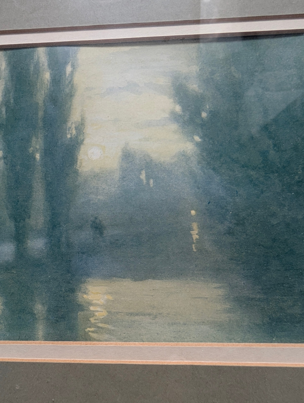 Antique Tonalist Nocturne River Landscape Print (Circa 1917) – Misty Moonlit River & Silhouetted Trees in Fluted Gilt Frame