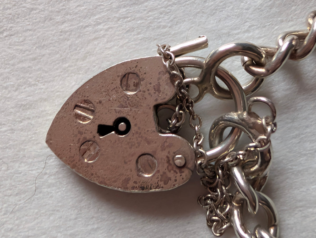 Vintage Sterling Silver Charm Bracelet Heart Padlock Clasp, 5 Silver Charms Elephant Rocking Chair Abacus Spinning Wheel Clogs, 925 Curb