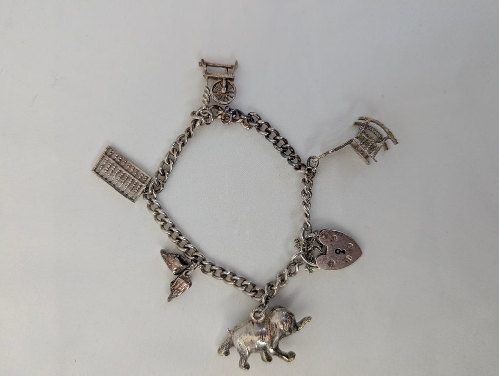 Vintage Sterling Silver Charm Bracelet Heart Padlock Clasp, 5 Silver Charms Elephant Rocking Chair Abacus Spinning Wheel Clogs, 925 Curb Link