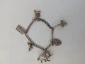 Vintage Sterling Silver Charm Bracelet Heart Padlock Clasp, 5 Silver Charms Elephant Rocking Chair Abacus Spinning Wheel Clogs, 925 Curb Link
