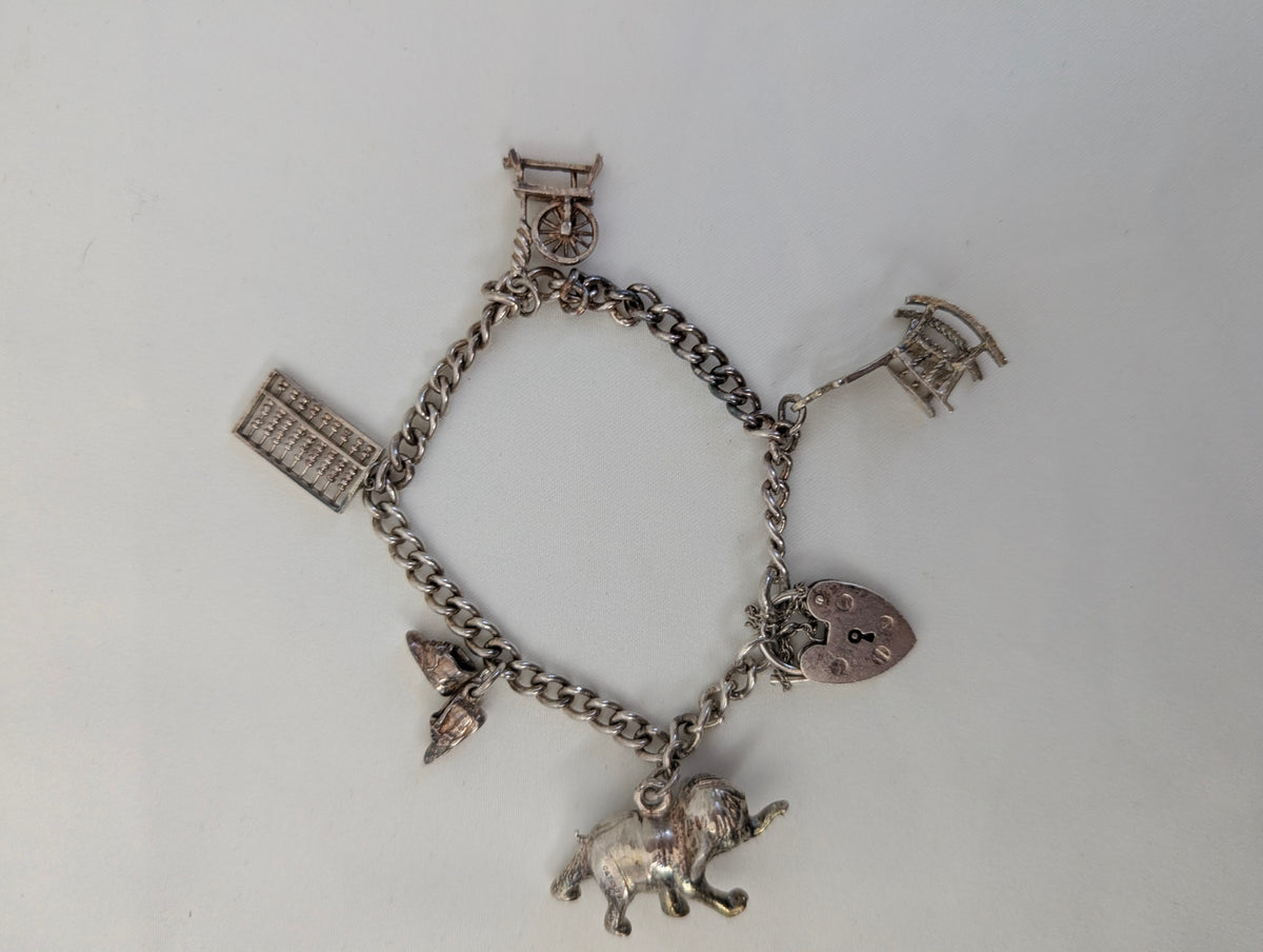 Vintage Sterling Silver Charm Bracelet Heart Padlock Clasp, 5 Silver Charms Elephant Rocking Chair Abacus Spinning Wheel Clogs, 925 Curb Link