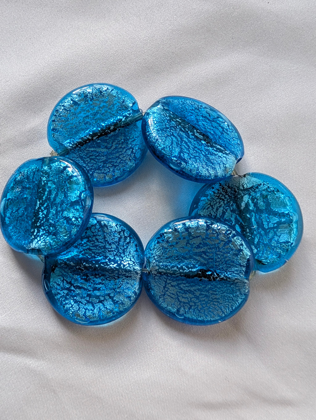 Vintage Murano Style Art Glass Foil Bead Stretch Bracelet, Cobalt Aqua Blue Glass Disc Bracelet, Chunky Statement Jewellery