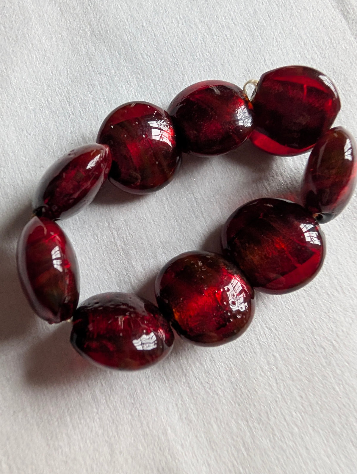 Vintage Cherry Glass Chunky Nugget Pebble Bead Stretch Bracelet, Deep Cherry Red Translucent Statement Bangle, Gift for Her