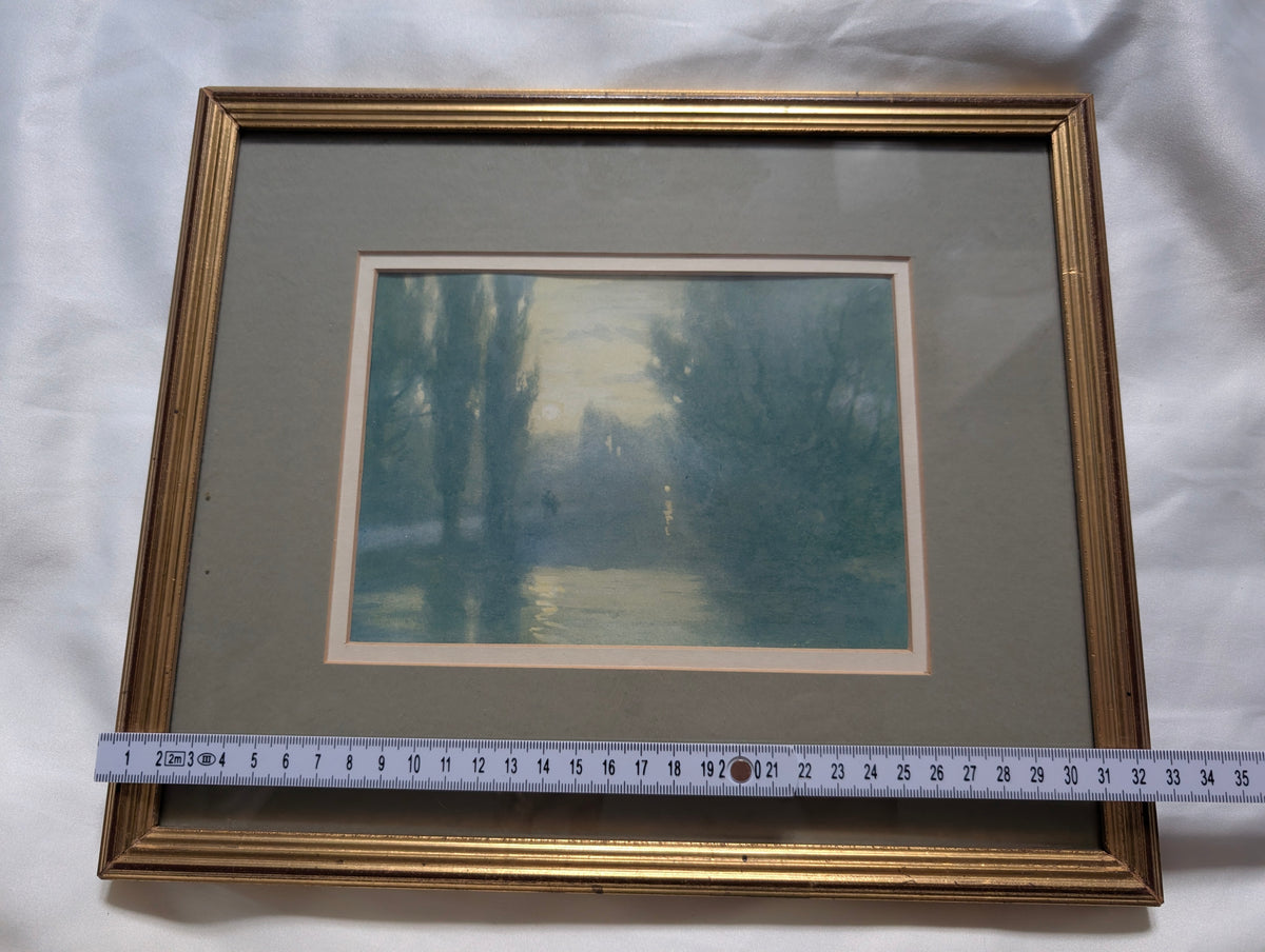 Antique Tonalist Nocturne River Landscape Print (Circa 1917) – Misty Moonlit River & Silhouetted Trees in Fluted Gilt Frame