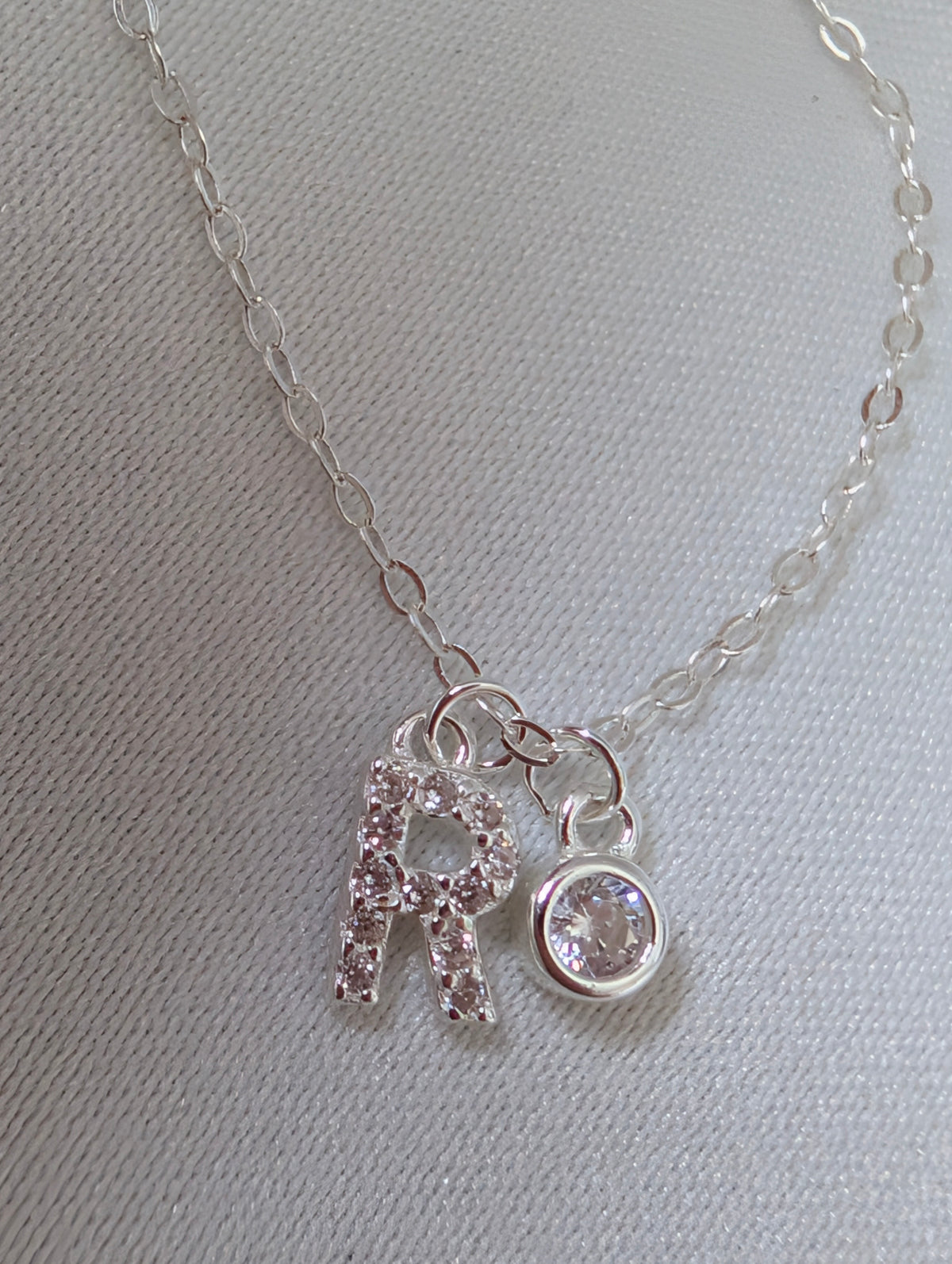 Sterling Silver 925 Initial 'R' & Solitaire Crystal Charm Necklace – Dainty Pavé Letter Pendant with Adjustable Extender