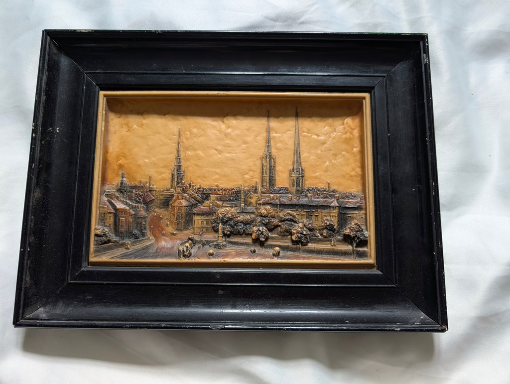 Vintage 3D Relief Plaque 'Coventry: The City of the Three Spires' – Detailed High-Relief Architectural Townscape in Ebonised Black Frame