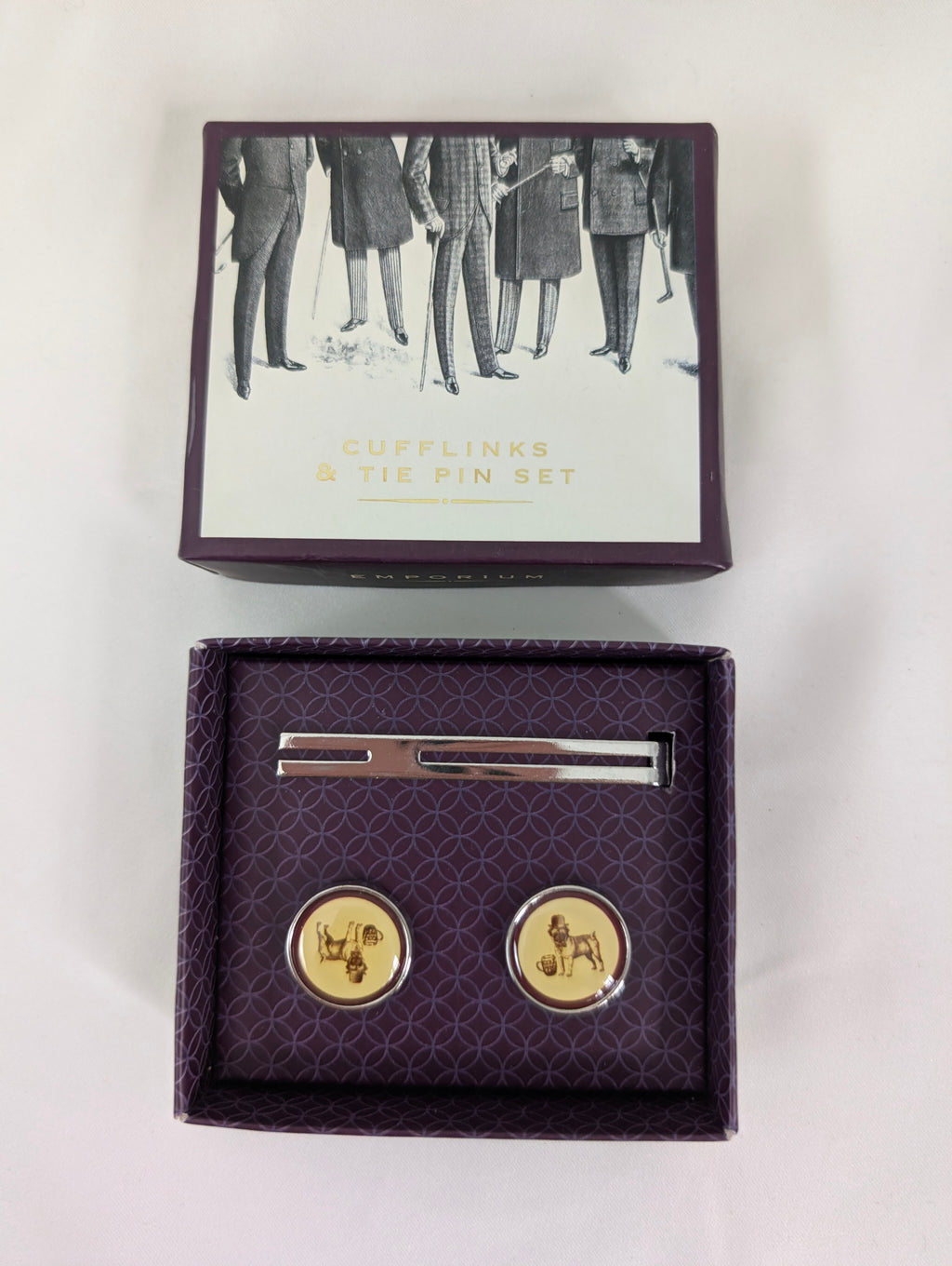 Vintage Style Bulldog Cufflinks and Tie Clip Set, Novelty Mens Dog Cufflinks Tie Bar Gift Boxed, Silver Tone Groom Groomsmen Wedding