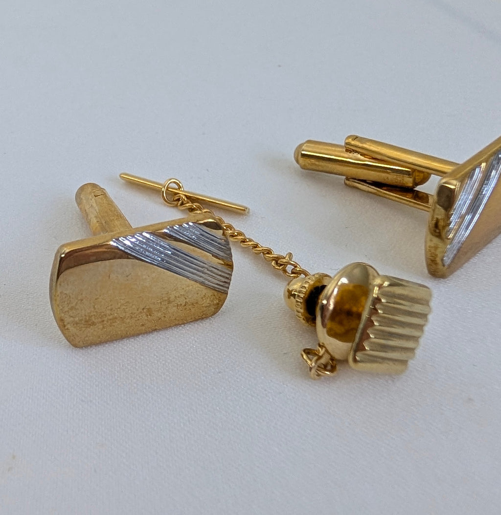Vintage Two-Tone Gold & Silver Diagonal Stripe Cufflinks and Tie Tac Set – Classic Mid-Century Menswear Set in Gift Box