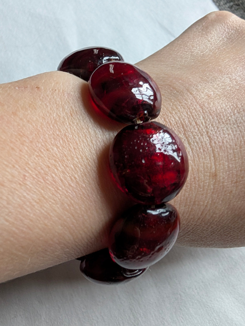 Vintage Cherry Glass Chunky Nugget Pebble Bead Stretch Bracelet, Deep Cherry Red Translucent Statement Bangle, Gift for Her