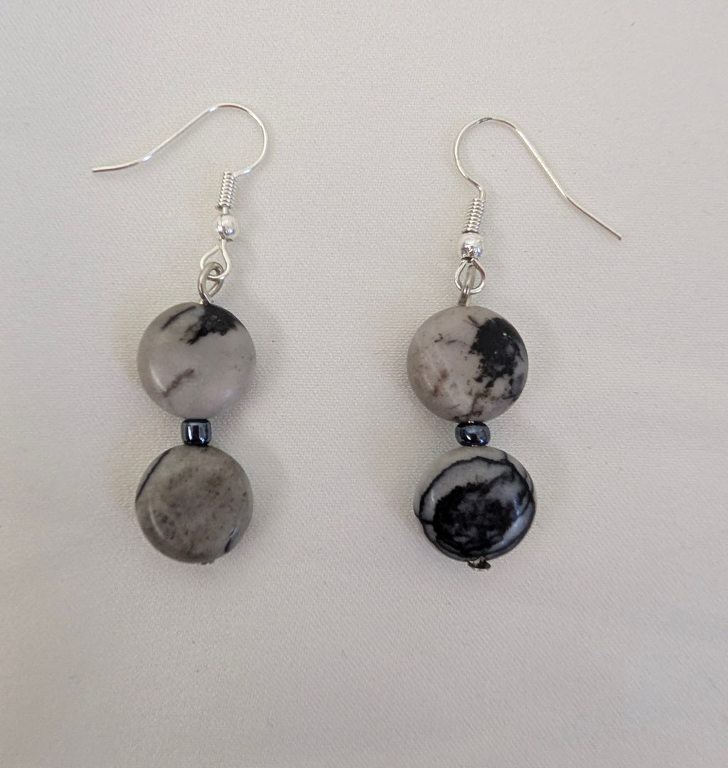 Grey Picasso Jasper Drop Earrings, Handmade Monochrome Veined Stone Dangle Earrings, Minimalist Coin Bead Boho Jewellery, Gift for Her