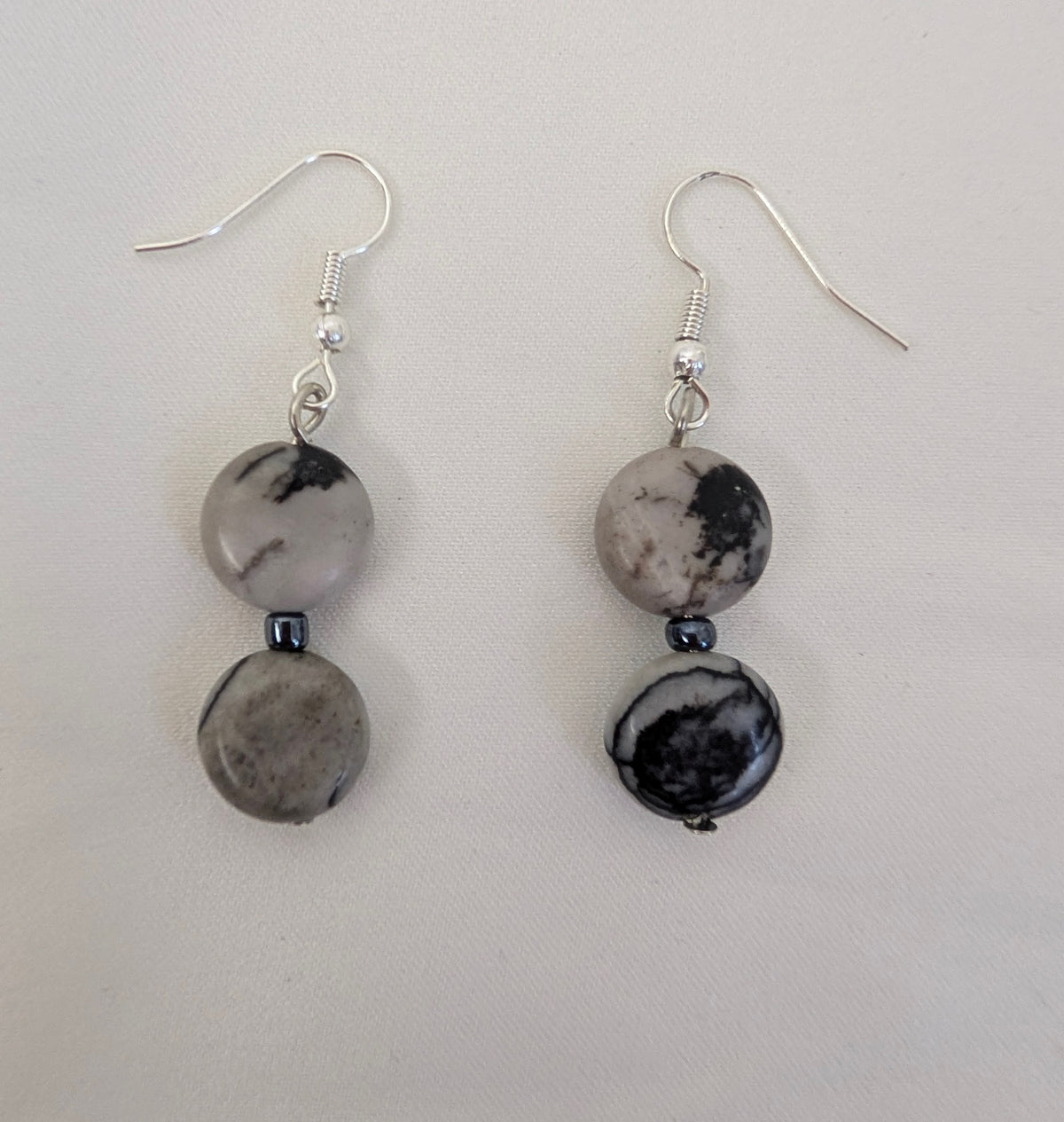 Grey Picasso Jasper Drop Earrings, Handmade Monochrome Veined Stone Dangle Earrings, Minimalist Coin Bead Boho Jewellery, Gift for Her