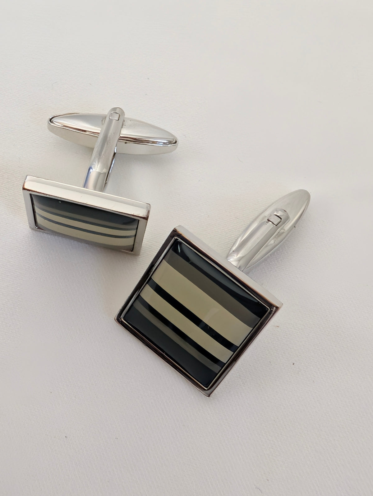 Fred Bennett Cufflinks, Silver Tone Striped Enamel Square Cufflinks, Designer Mens Suit Accessories, Groomsman Father of the Bride Gift
