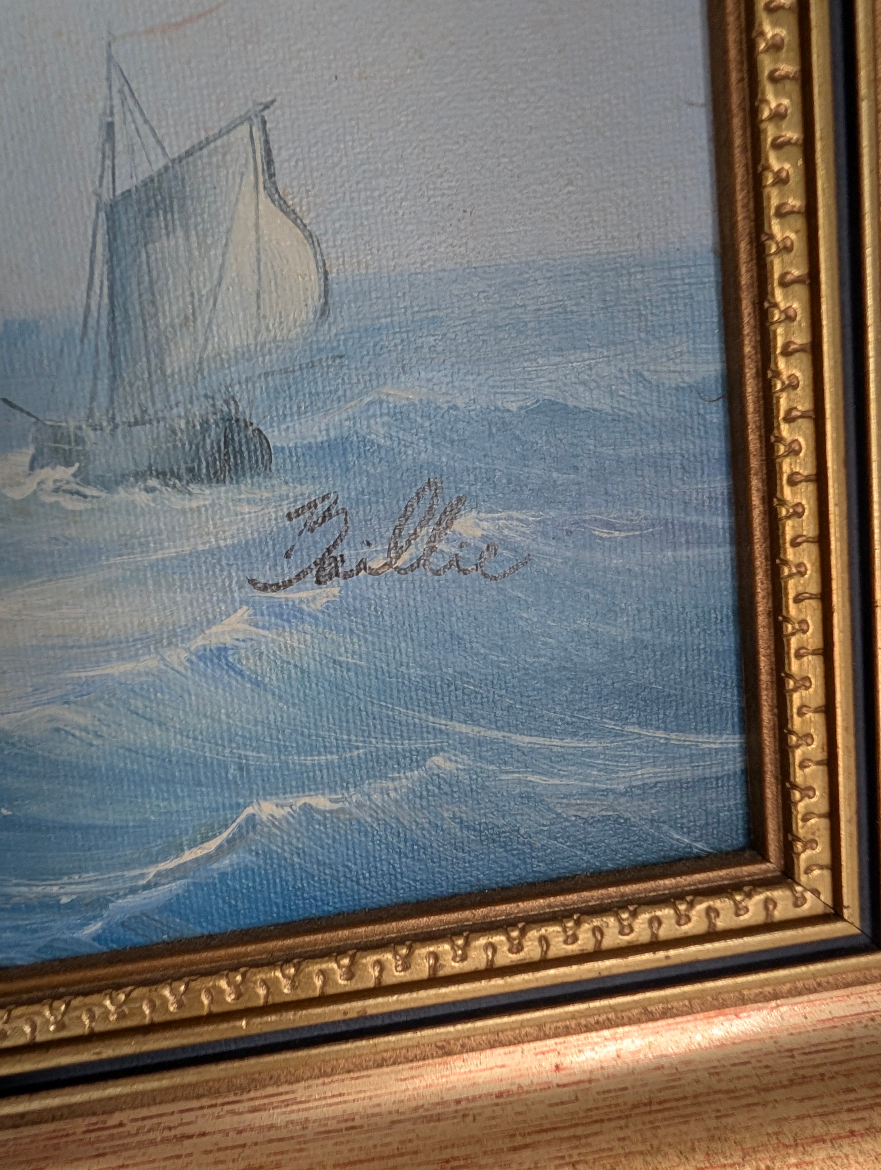 Vintage Framed Maritime Seascape Oil Painting Signed Baillie | Nautical Sailing Ship Ocean Canvas Board Art | Gilded Gold Frame Coastal Wall