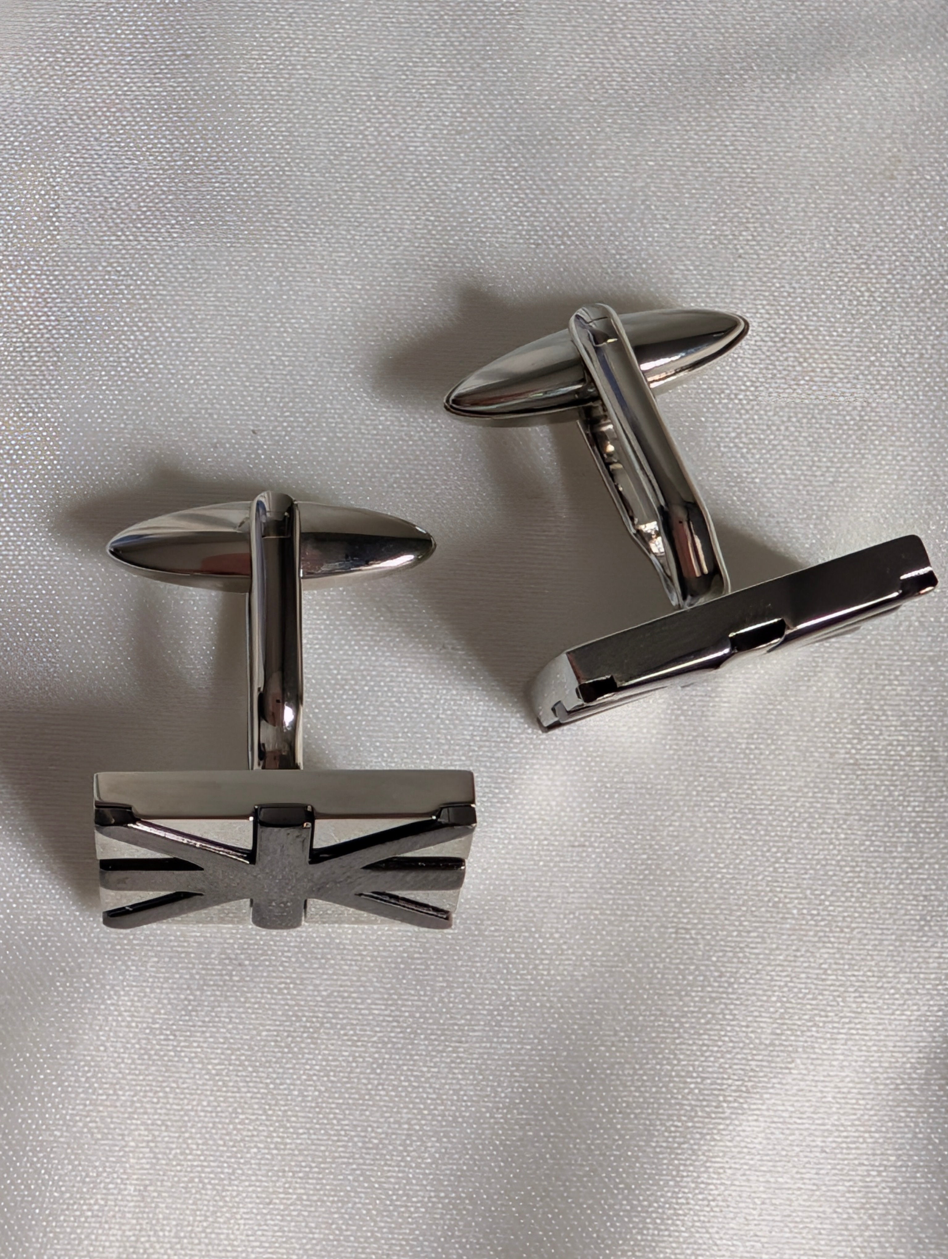 Silver Union Jack Cufflinks, British Flag Gunmetal Cuff Links, Modern Mens Formal Suit Accessories