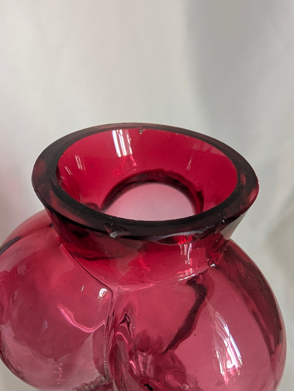 Pair of Antique Victorian Cranberry Glass Vases, c1900 Edwardian Hand Blown Art Glass Bud Vases, Clear Applied Rigaree Footed Decor