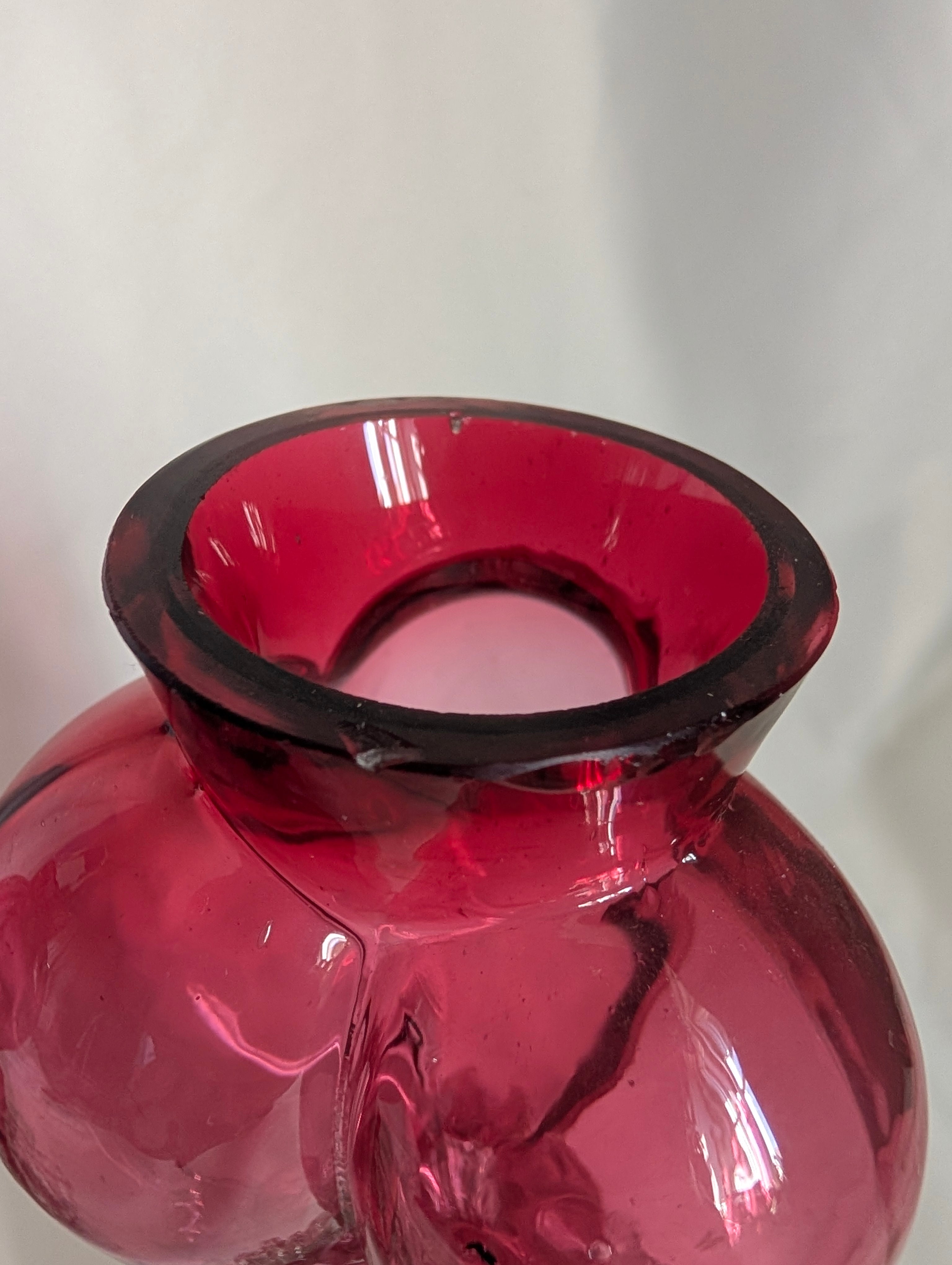 Pair of Antique Victorian Cranberry Glass Vases, c1900 Edwardian Hand Blown Art Glass Bud Vases, Clear Applied Rigaree Footed Decor