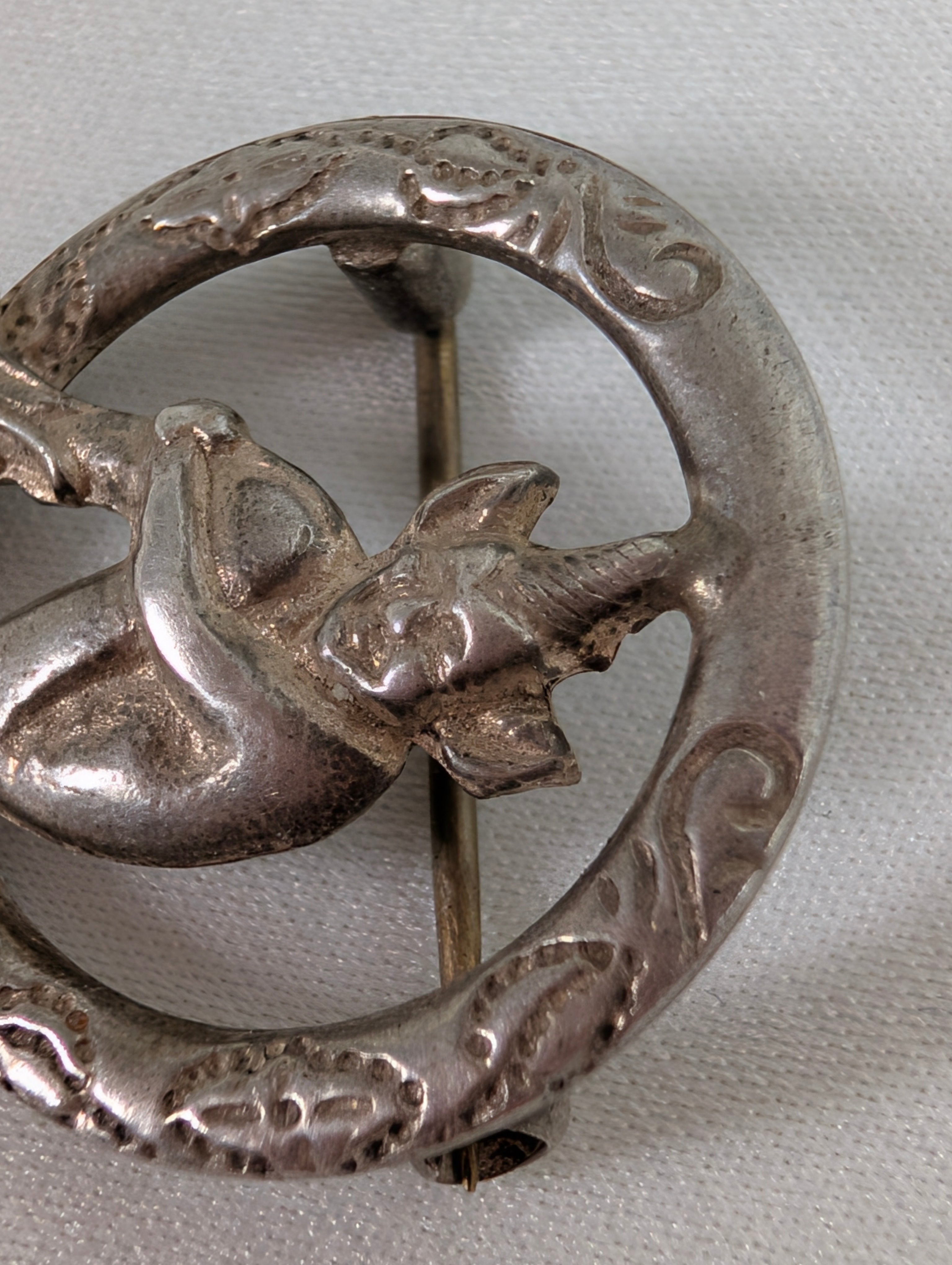 Vintage Lincoln Imp Brooch Silver, Antique Mythical Pixie Gargoyle Pin, Celtic Ring Folklore Lucky Talisman