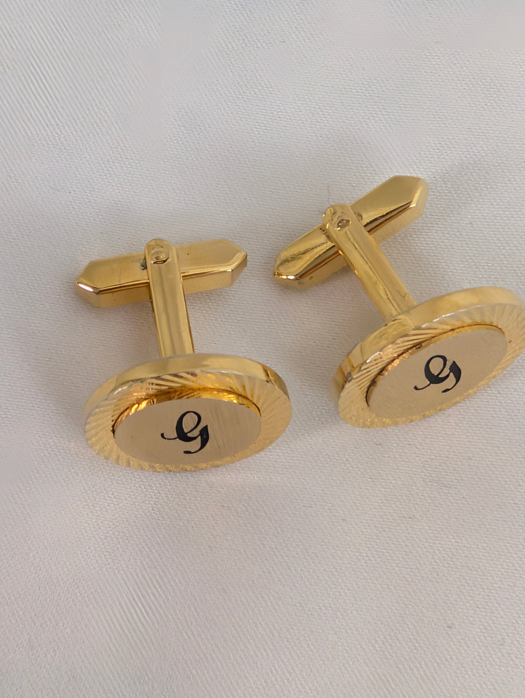 Vintage Gold Tone Initial G Cufflinks, Sunburst Etched Round Monogram Cuff Links, Mid Century Groom Wedding Gift