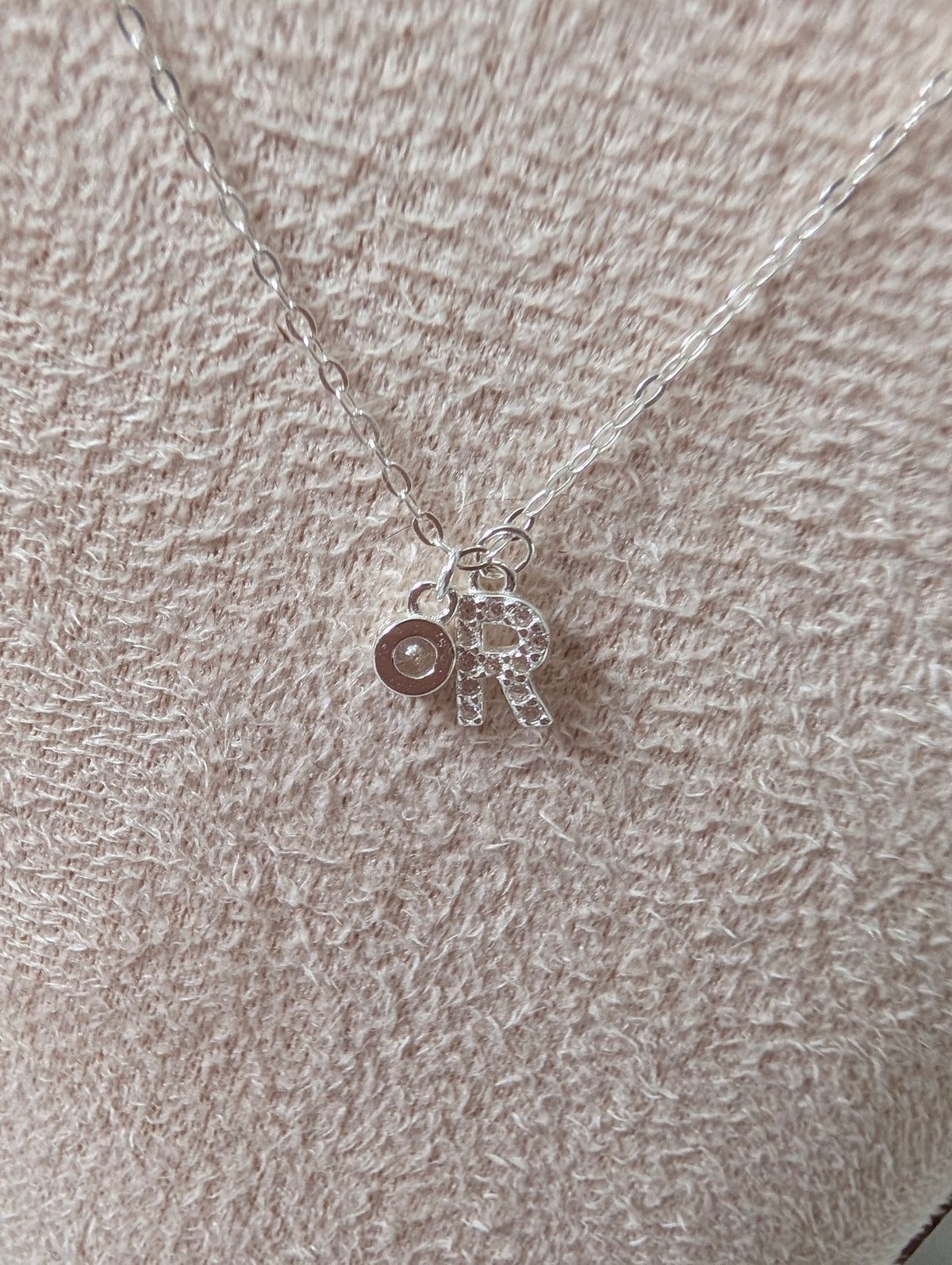 Sterling Silver 925 Initial 'R' & Solitaire Crystal Charm Necklace – Dainty Pavé Letter Pendant with Adjustable Extender