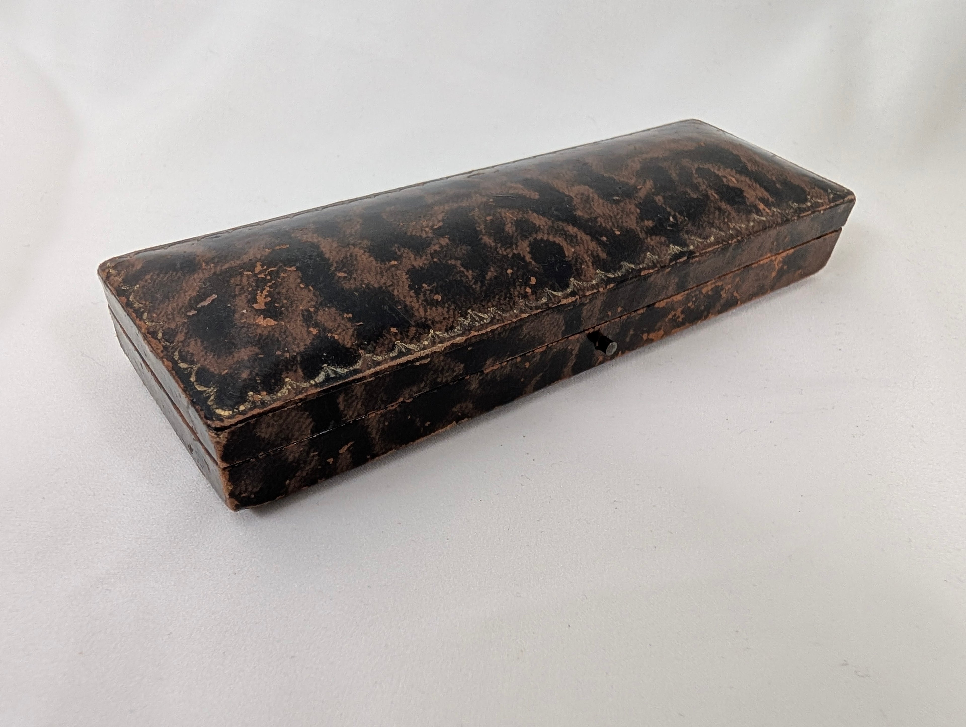 Antique Victorian Faux Tortoiseshell Jewellery Box, Edwardian Pen Case, Gilt Tooled Velvet Lined Presentation Box, Brooch Display Case