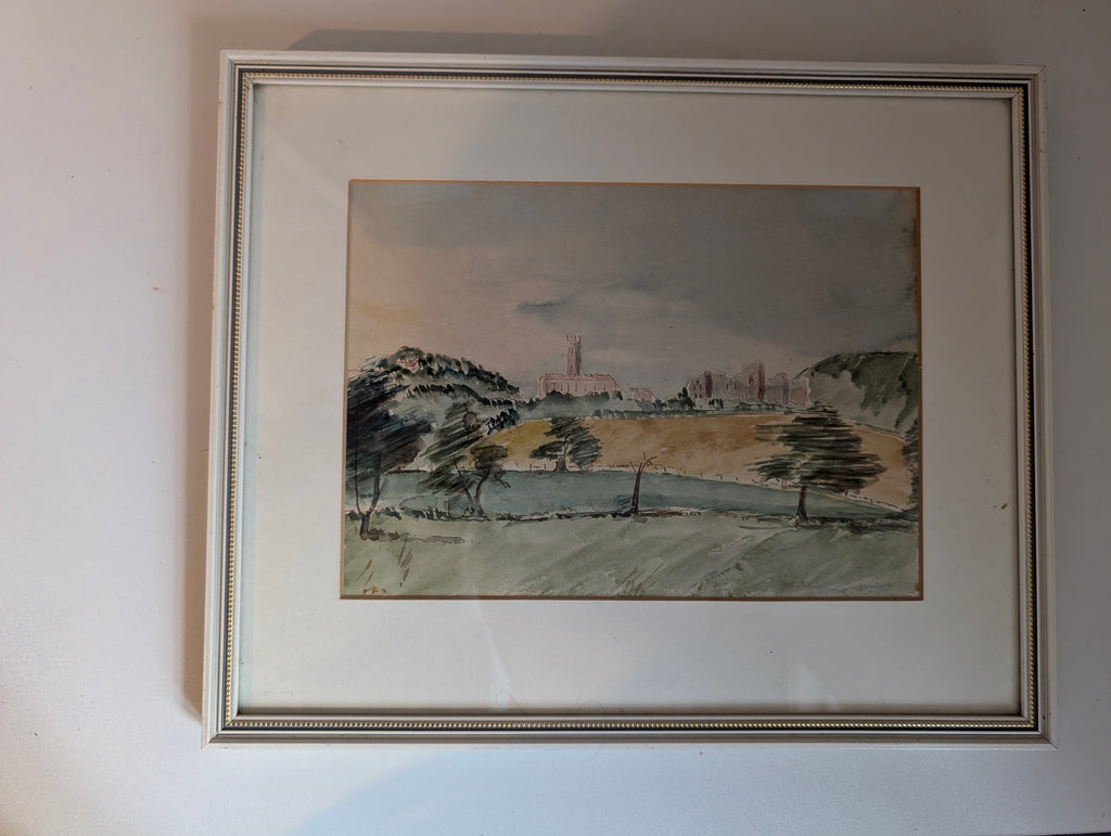 Vintage Original Landscape Watercolour Painting, Framed English Countryside Abbey Ruins Wall Art, 36cm x 30cm