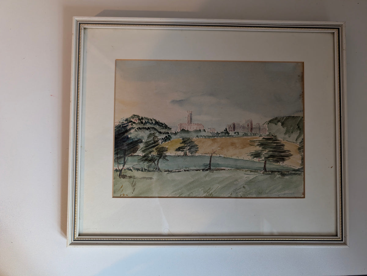 Vintage Original Landscape Watercolour Painting, Framed English Countryside Abbey Ruins Wall Art, 36cm x 30cm