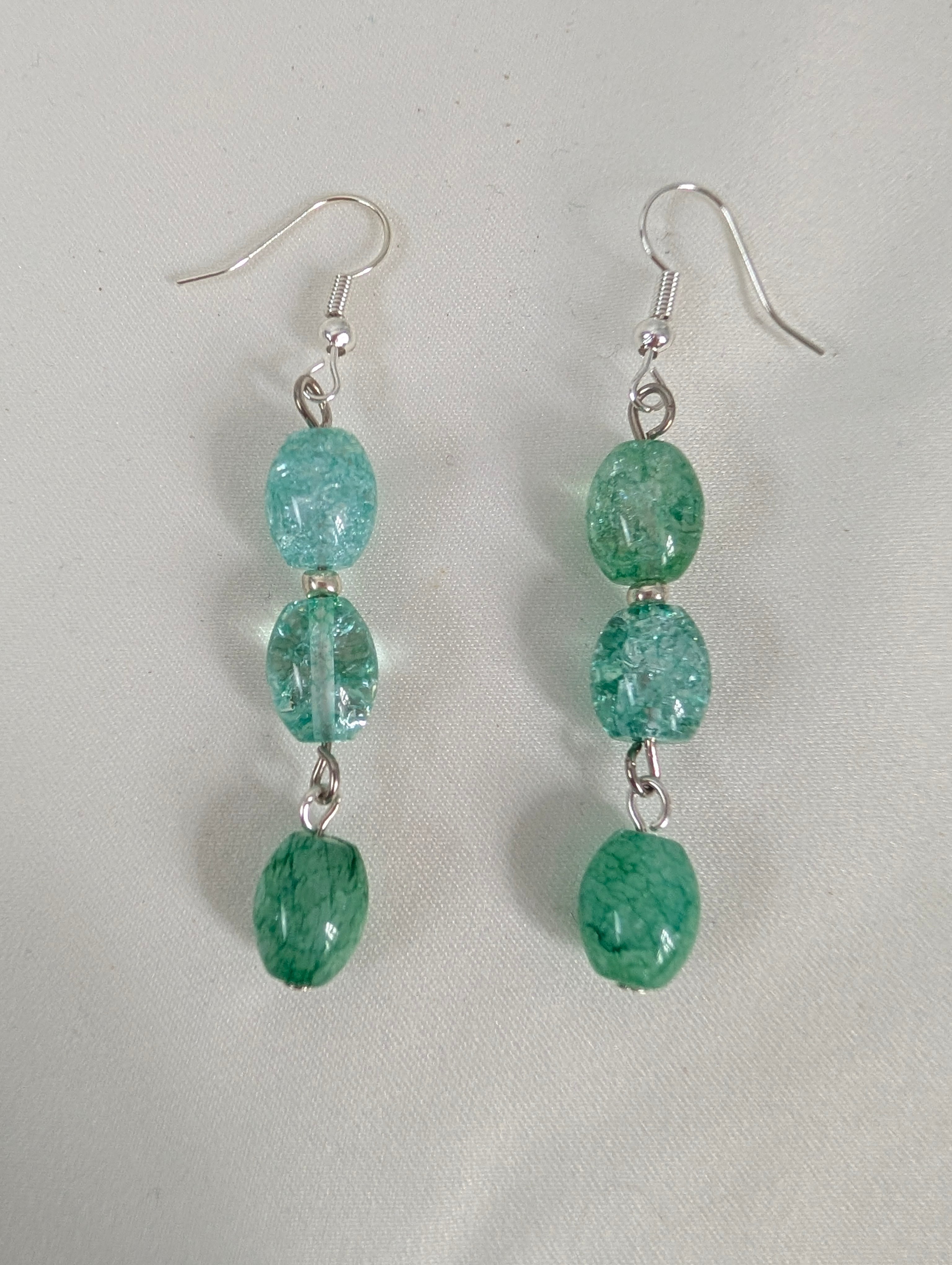 Green Crackle Quartz Earrings, Handmade Drop Dangle Earrings, Sea Green Beaded Drop Earrings, Silver Tone Artisan Jewellery Gift For Her
