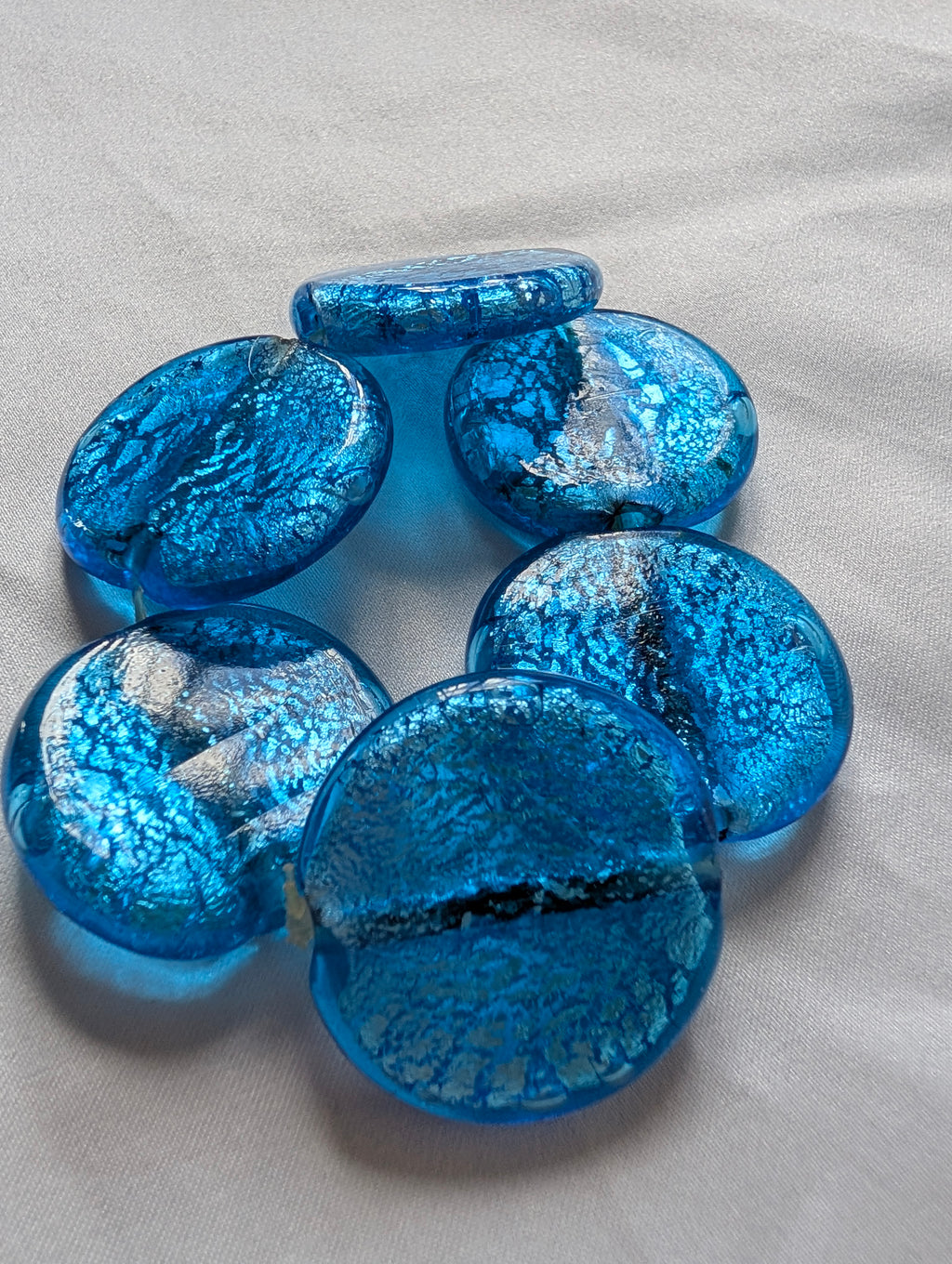 Vintage Murano Style Art Glass Foil Bead Stretch Bracelet, Cobalt Aqua Blue Glass Disc Bracelet, Chunky Statement Jewellery