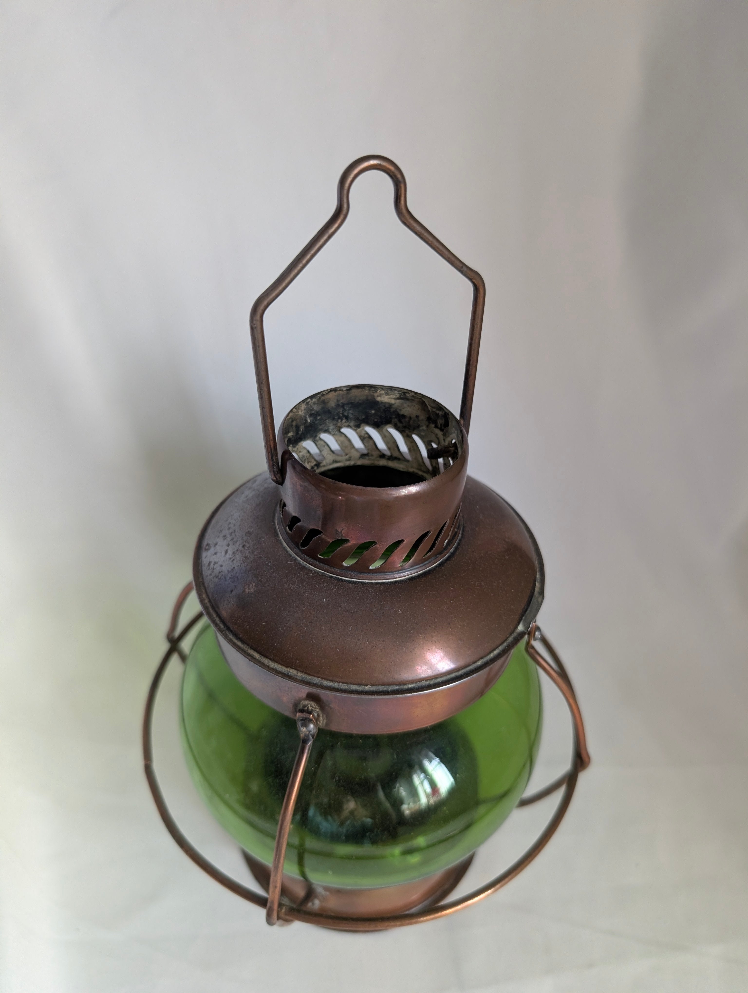 Vintage Copper Nautical Lantern Green Glass Globe, Ship Onion Lamp Hurricane Oil Lantern, Maritime Coastal Home Decor