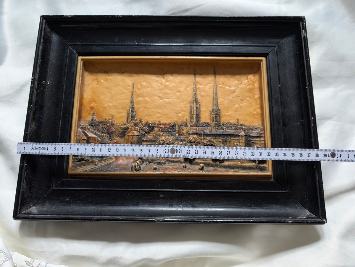 Vintage 3D Relief Plaque 'Coventry: The City of the Three Spires' – Detailed High-Relief Architectural Townscape in Ebonised Black Frame