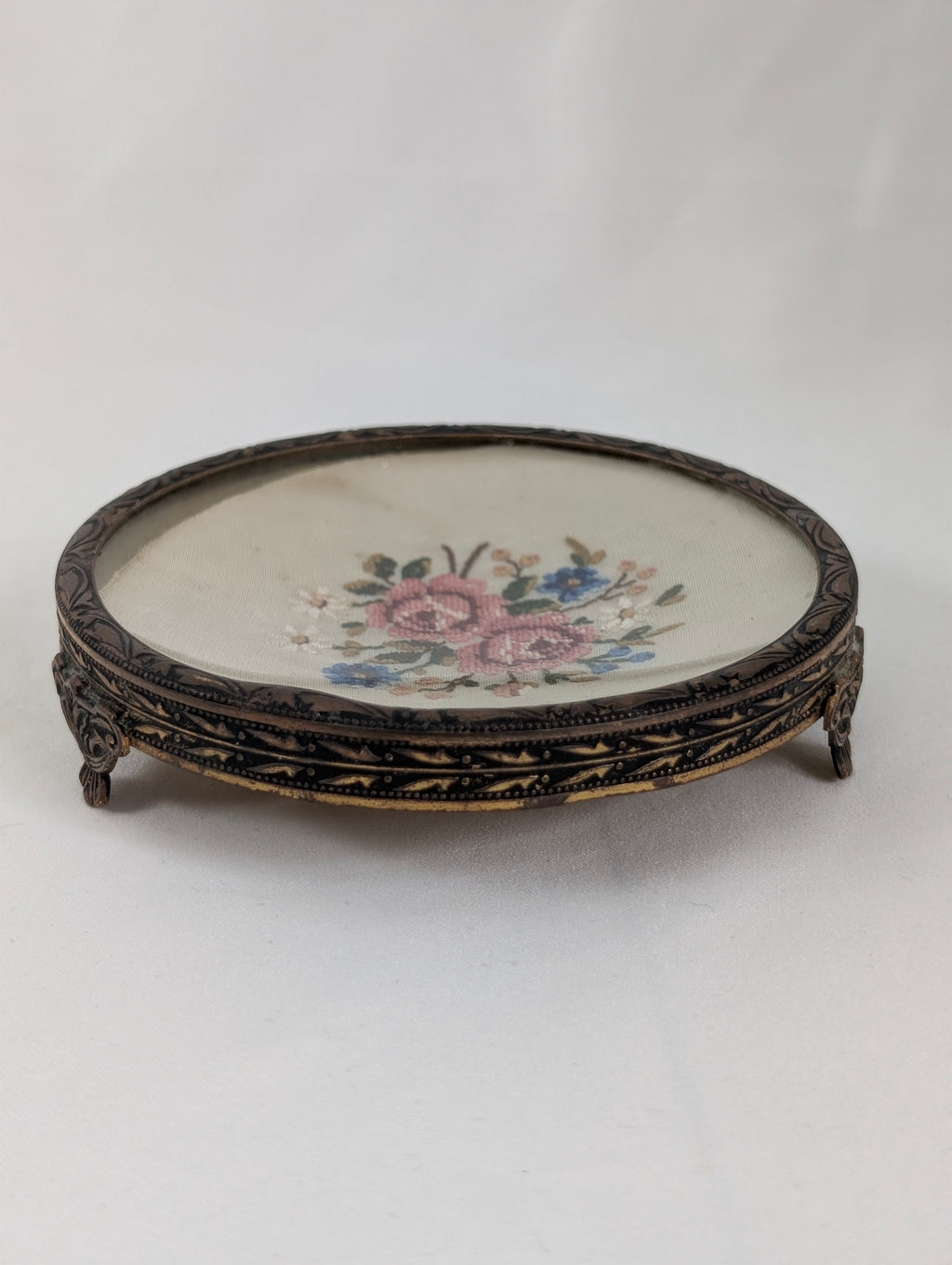 Vintage Embroidered Petit Point Dressing Table Tray, Gilt Ormolu Footed Vanity Trinket Dish, Glass Floral Coaster