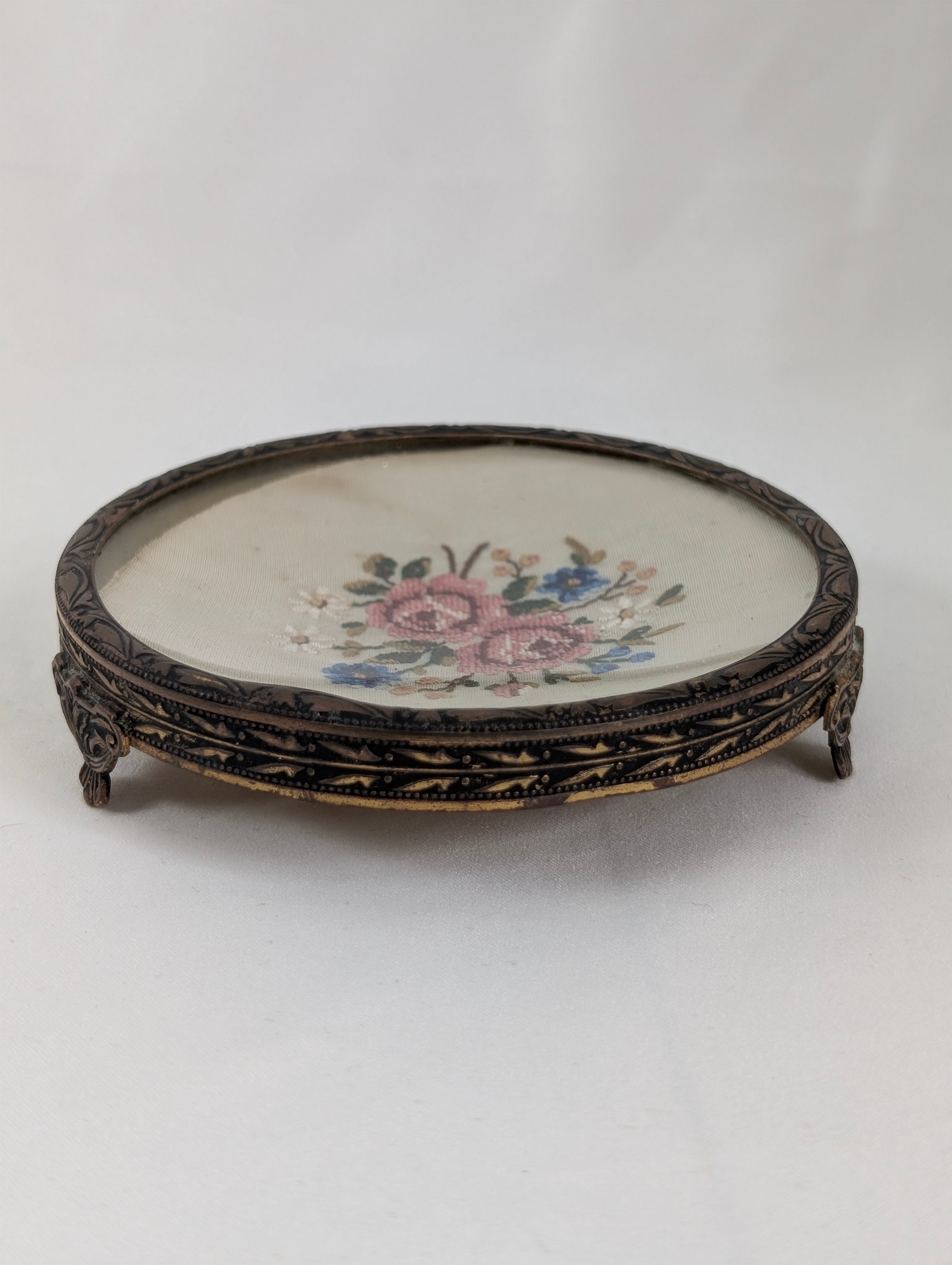 Vintage Embroidered Petit Point Dressing Table Tray, Gilt Ormolu Footed Vanity Trinket Dish, Glass Floral Coaster