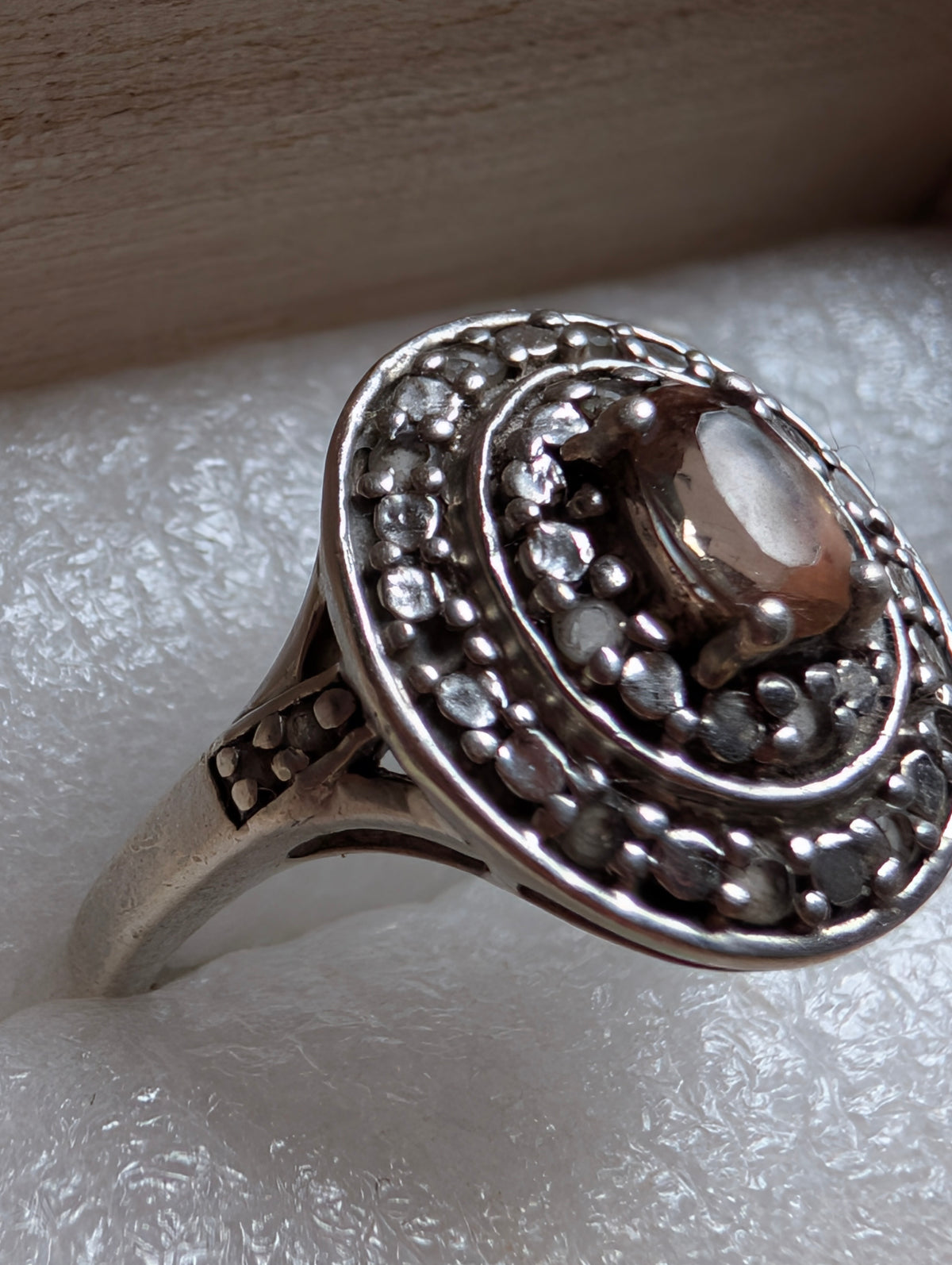 Vintage Sterling Silver Smoky Quartz Halo Ring Ornate Oval Gemstone Cocktail Ring