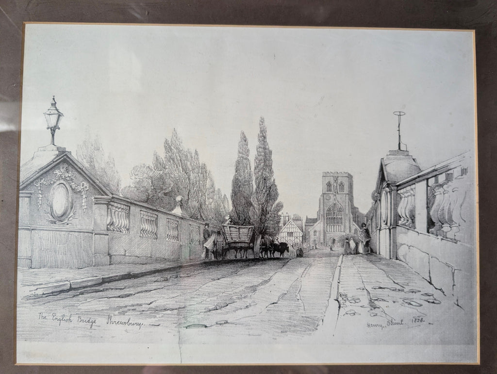 1838 Henry Blunt Architectural Lithograph 'The English Bridge, Shrewsbury' – Framed Early Victorian Townscape in Gilt Wood Frame