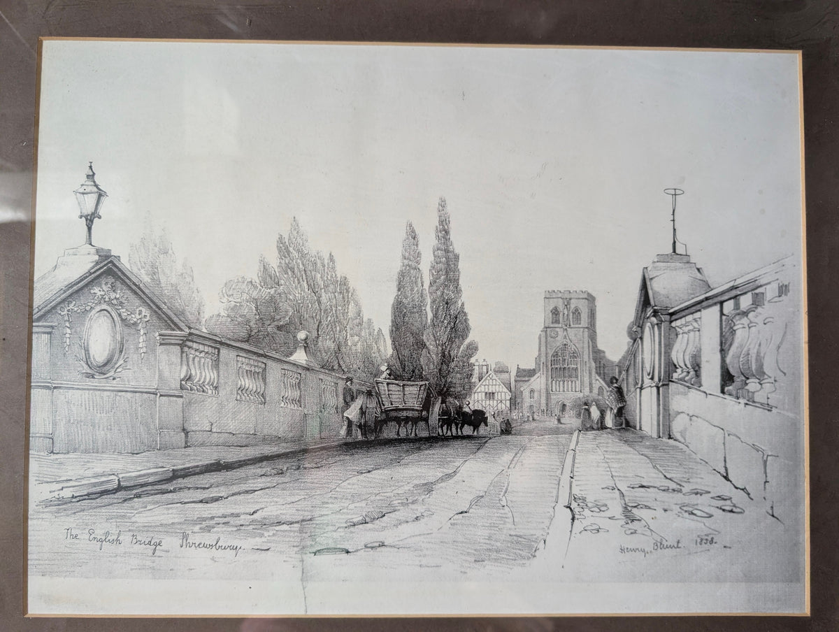 1838 Henry Blunt Architectural Lithograph 'The English Bridge, Shrewsbury' – Framed Early Victorian Townscape in Gilt Wood Frame