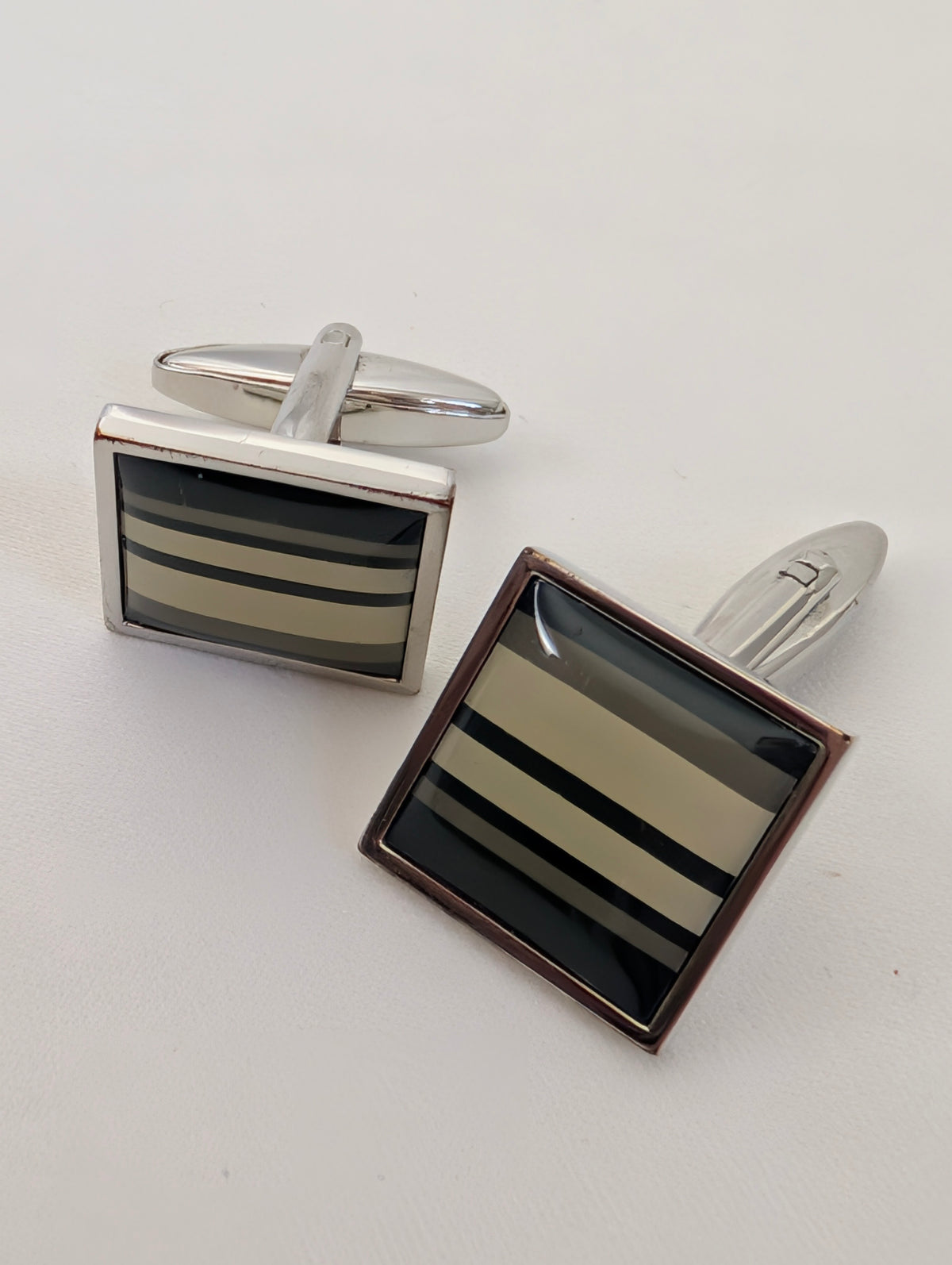 Fred Bennett Cufflinks, Silver Tone Striped Enamel Square Cufflinks, Designer Mens Suit Accessories, Groomsman Father of the Bride Gift