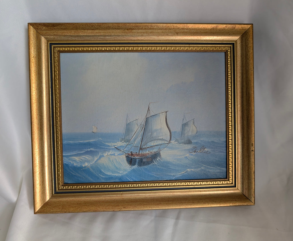 Vintage Framed Maritime Seascape Oil Painting Signed Baillie | Nautical Sailing Ship Ocean Canvas Board Art | Gilded Gold Frame Coastal Wall