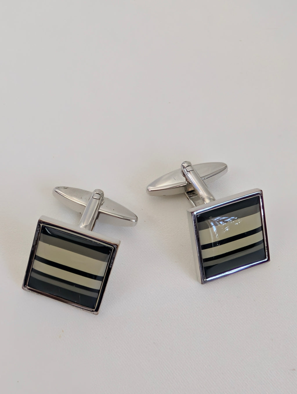 Fred Bennett Cufflinks, Silver Tone Striped Enamel Square Cufflinks, Designer Mens Suit Accessories, Groomsman Father of the Bride Gift