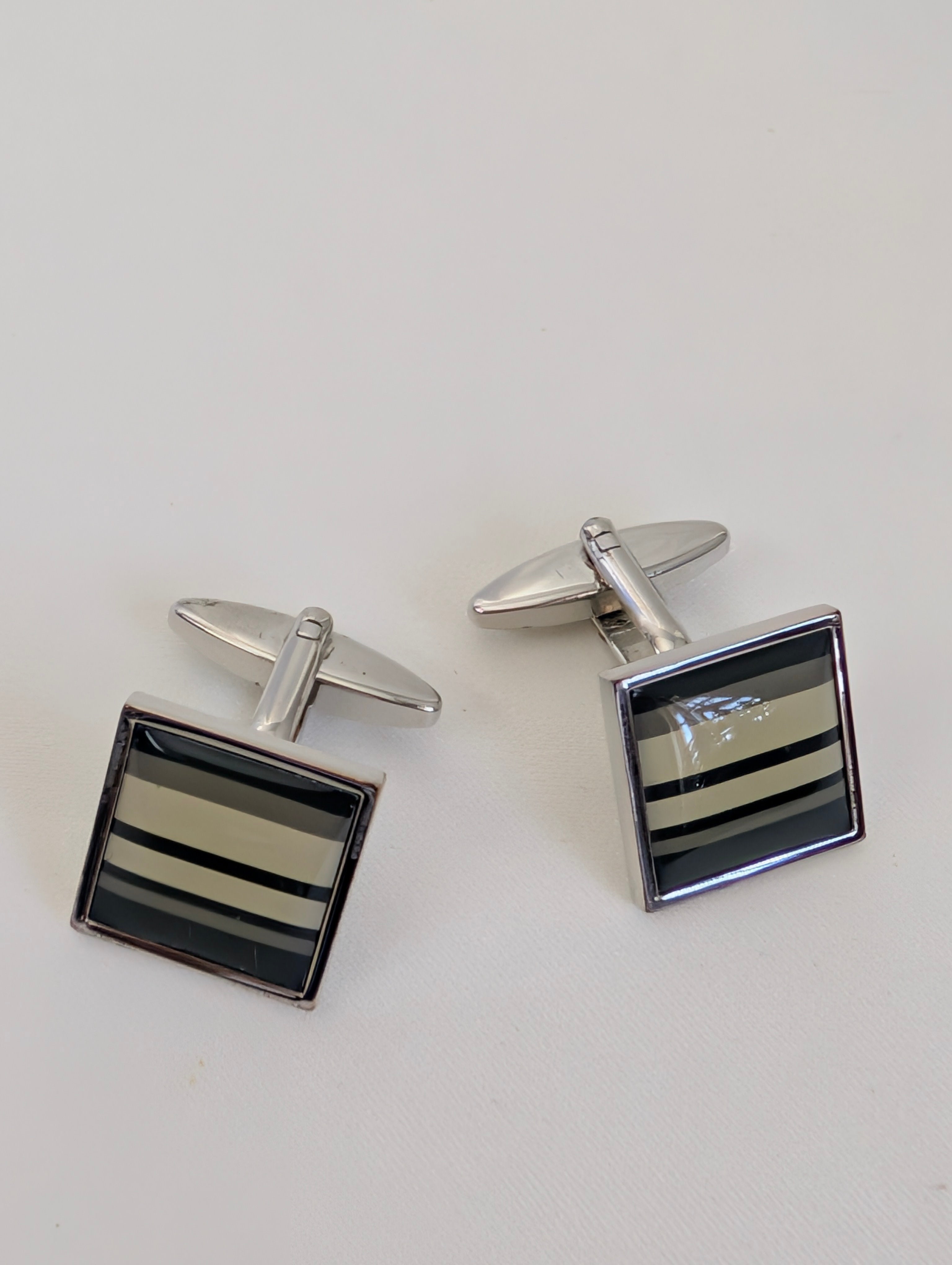 Fred Bennett Cufflinks, Silver Tone Striped Enamel Square Cufflinks, Designer Mens Suit Accessories, Groomsman Father of the Bride Gift