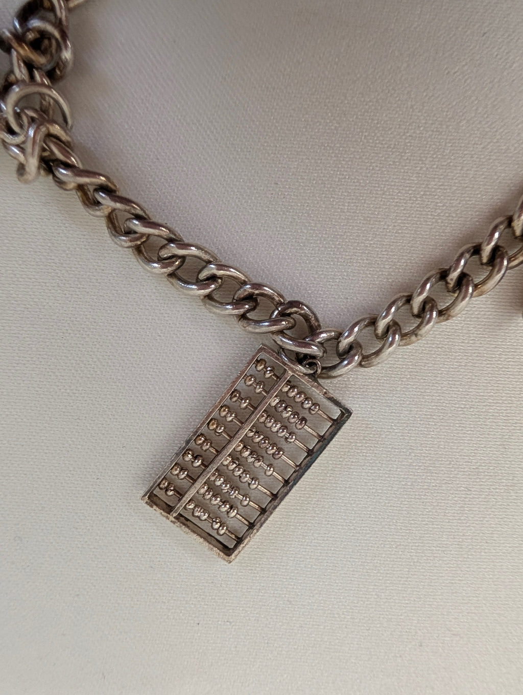 Vintage Sterling Silver Charm Bracelet Heart Padlock Clasp, 5 Silver Charms Elephant Rocking Chair Abacus Spinning Wheel Clogs, 925 Curb Link